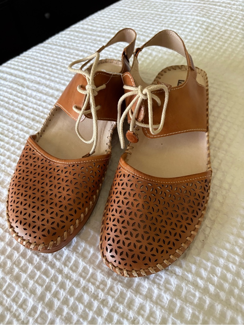 PIKOLINOS Cognac Calfskin Leather Laser-Cut Slingback Sandals